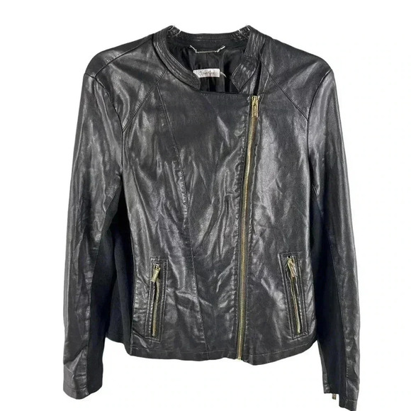 Calvin Klein Size 8 Vegan Black leather jacket gold hardware Asymmetrical Lined - Picture 2 of 16